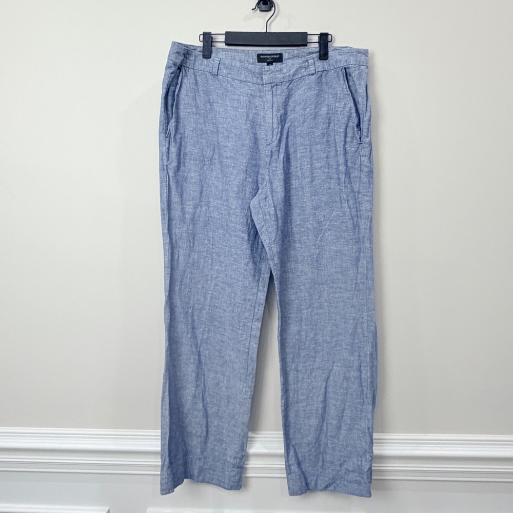 Banana Republic Womens 14 Martin Fit Linen Cotton Blend Straight Leg Pants Blue